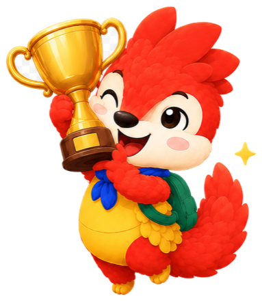Roly triumphant, holding a trophy